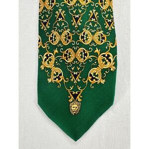 Versani Italy Mens Tie Green Gold Baroque Scroll Lion Head Pattern‎